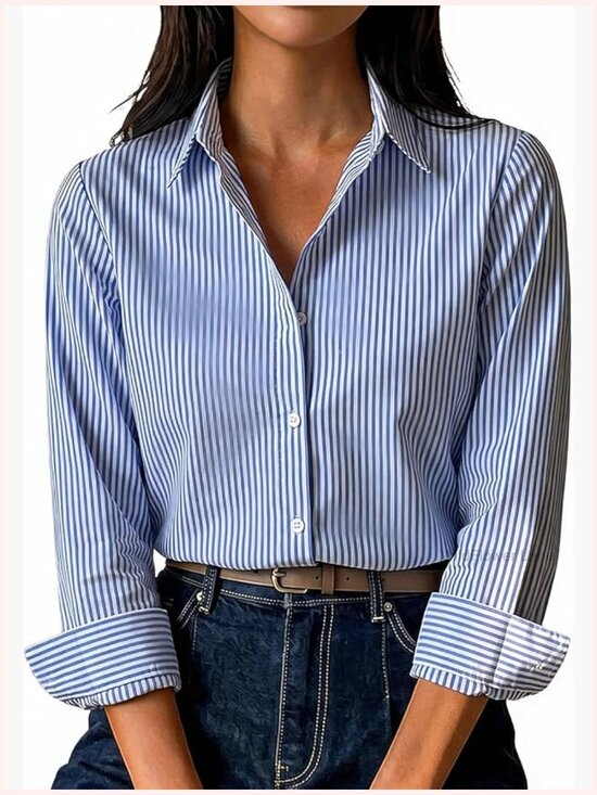 Tops - Striped Button Down Long Sleeve Blouse Business Casual Top